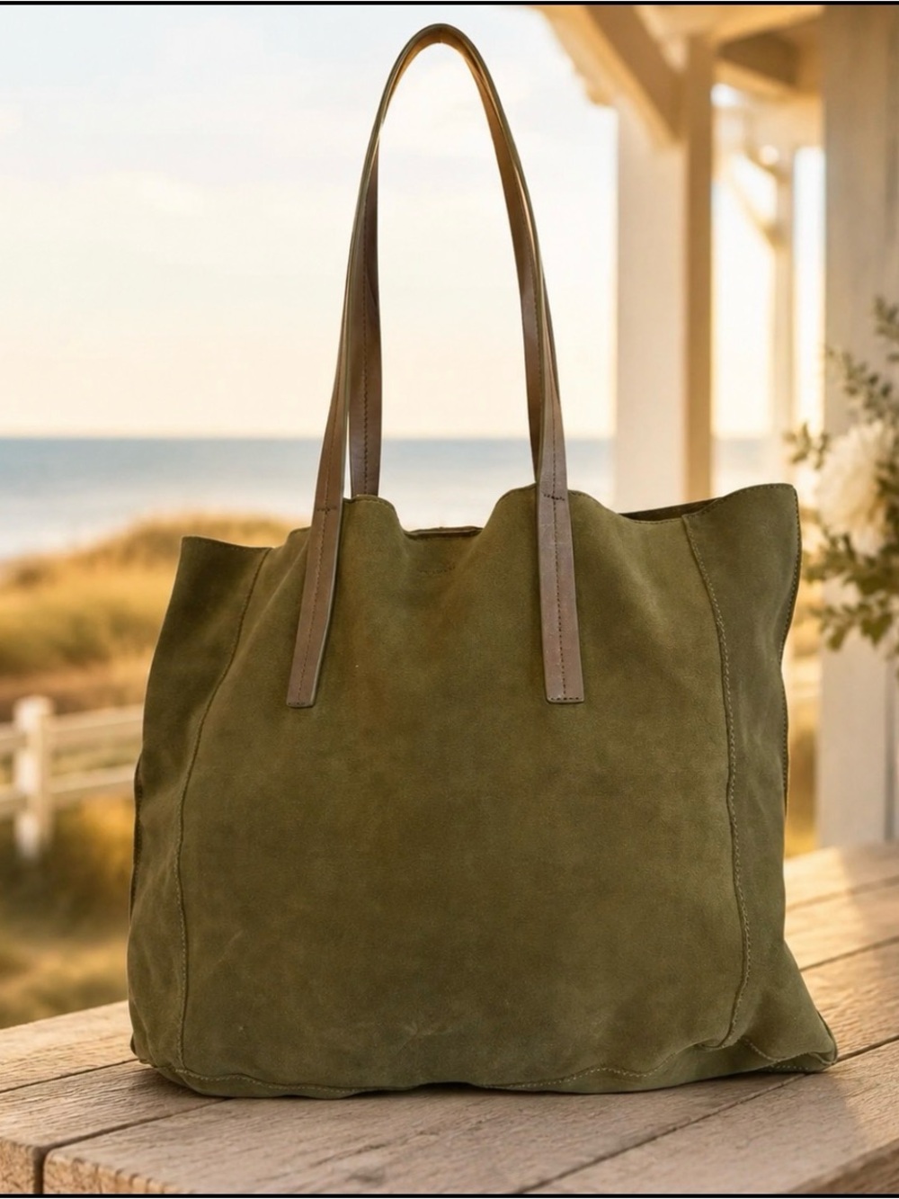 Joy Gryson Genuine Suede/Leather Olive Green LUXURYTote